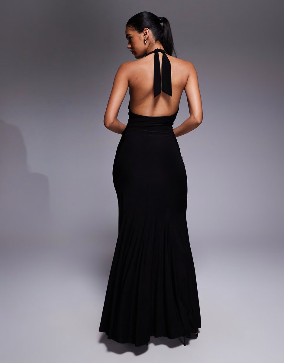 ASOS Fashionkilla exclusive double sculpted slinky plunge halterneck godet hem maxi dress in black - 3