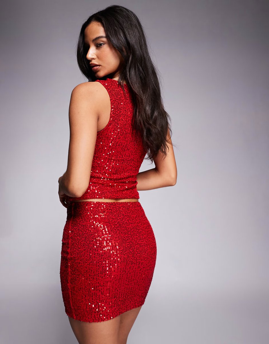 ASOS Kaiia exclusive sequin mini skirt co-ord in red - 3
