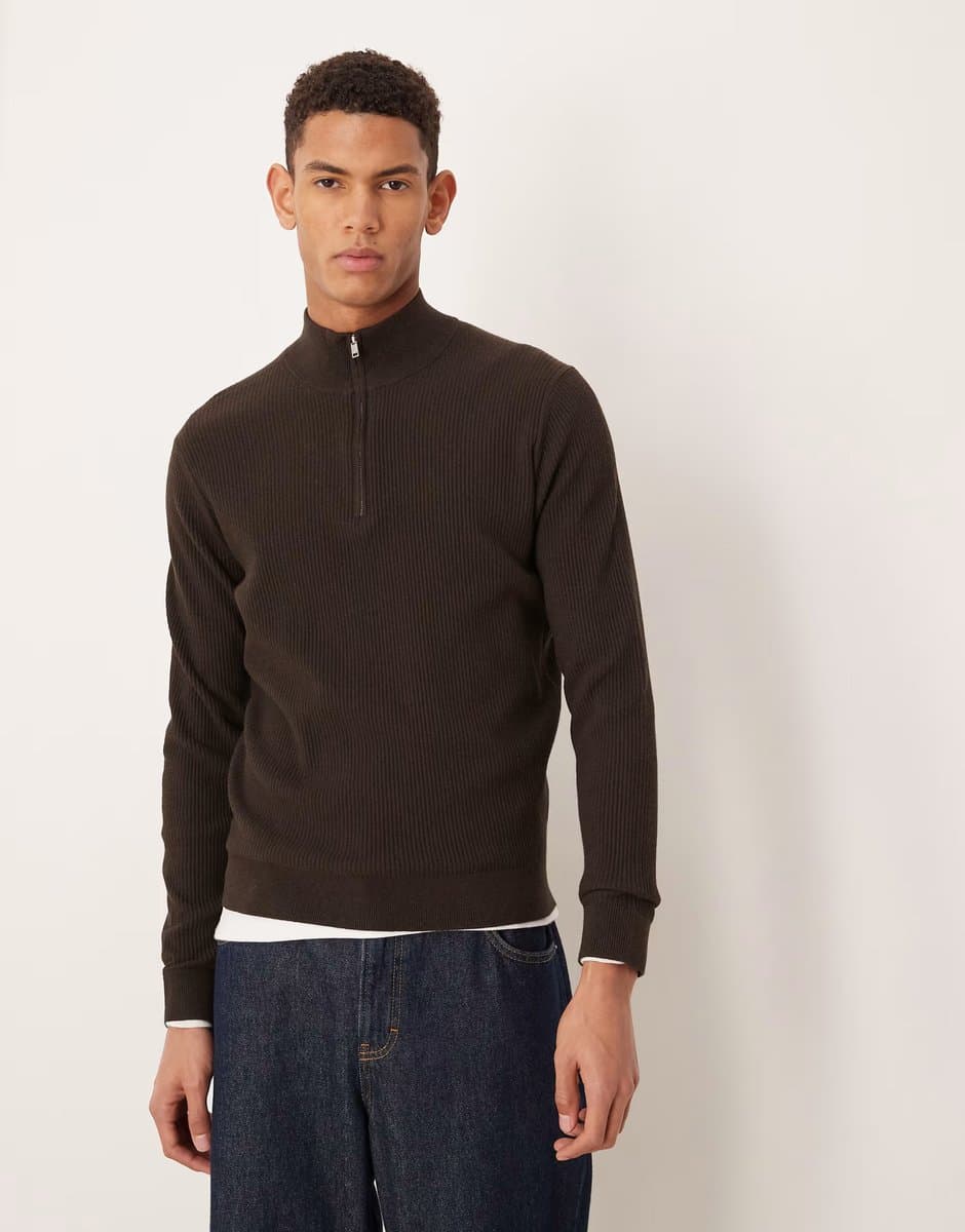 ASOS Mango cotton mix high neck quarter zip jumper in chocolate brown