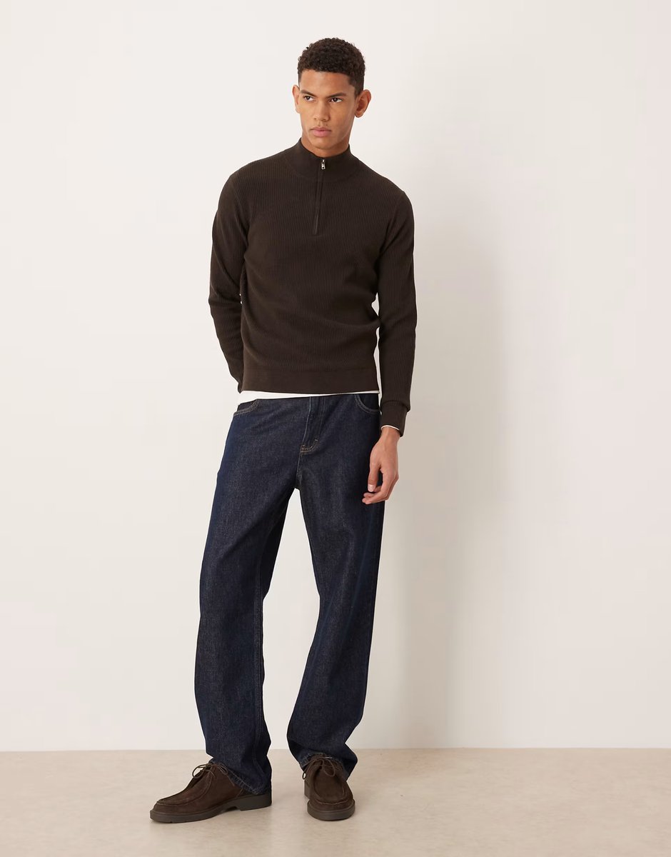 ASOS Mango cotton mix high neck quarter zip jumper in chocolate brown - 2