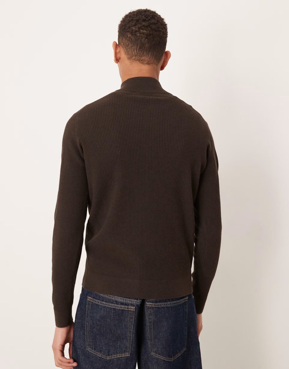 ASOS Mango cotton mix high neck quarter zip jumper in chocolate brown - 3