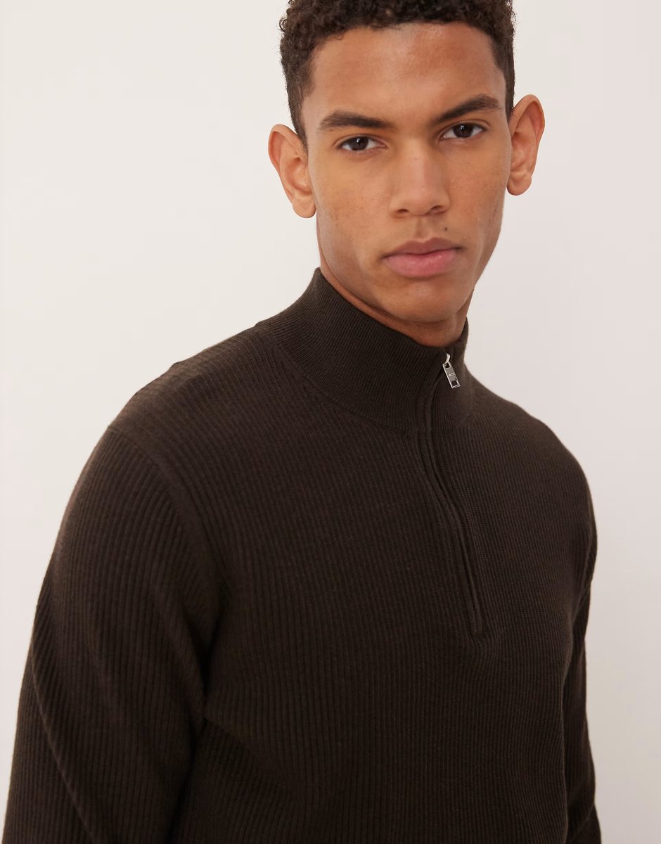 ASOS Mango cotton mix high neck quarter zip jumper in chocolate brown - 4