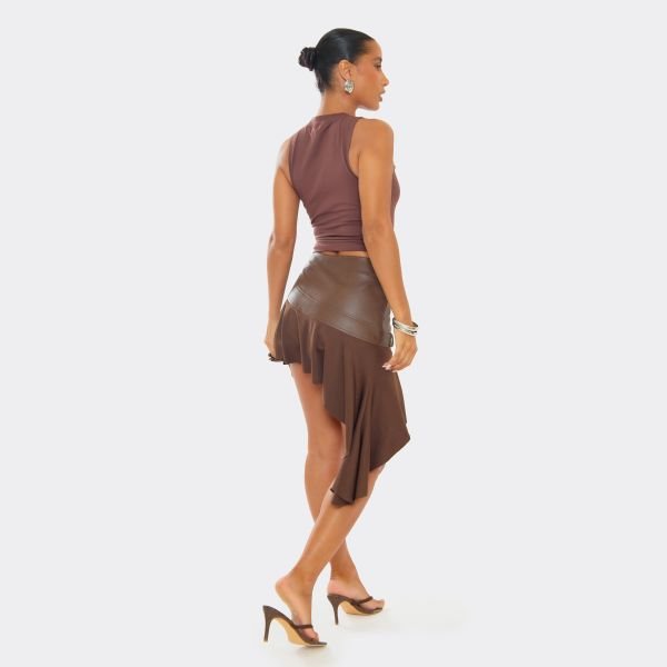 EGO Mid Rise Asymmetric Frill Hem Detail Mini Skirt In Brown Faux Leather, Women's Size UK 6 - 2