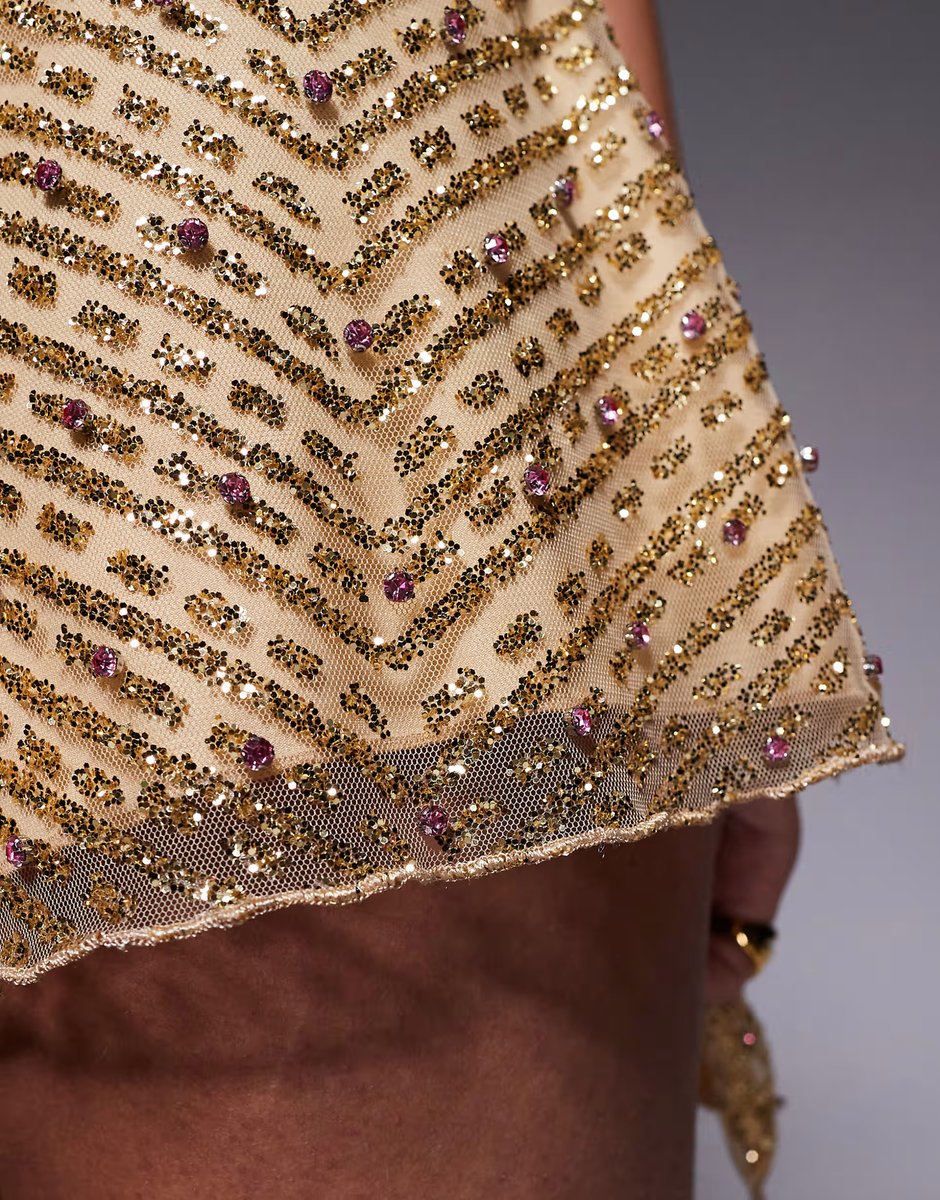 ASOS Oh Polly glitter embellished low rise aline micro skirt co-ord in gold - 4