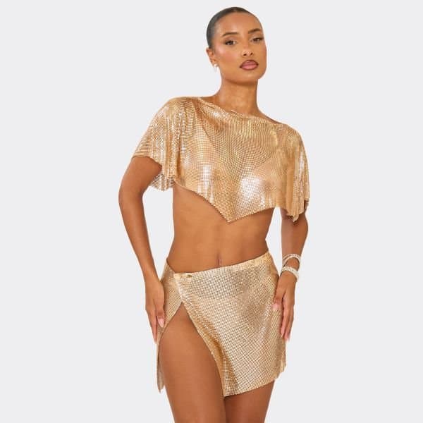 EGO Pointed Hem Cropped Cape Top In Gold Chainmail, Women's Size UK Large L
