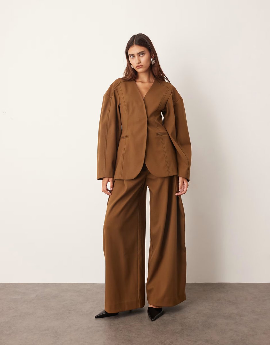 ASOS ARRANGE twill sculpted blazer co-ord in brown - 4