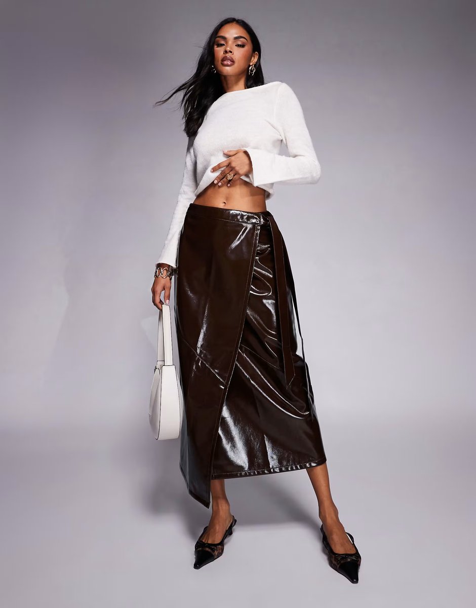 ASOS ASOS DESIGN high shine faux leather wrap midi skirt in burgundy - 1