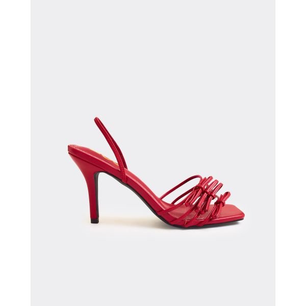 EGO Wrap-It-Up Strappy Bow Detail Square Toe Slingback Heel Mule In Red Faux Leather, Women's Size UK 3 - 2