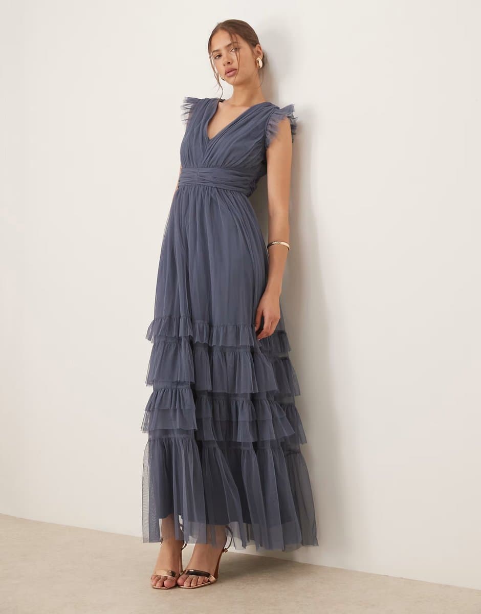 ASOS Anaya Flutter sleeve ruffle maxi dress in vintage indigo