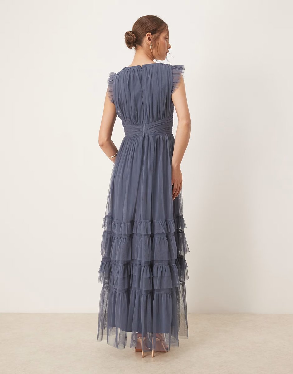 ASOS Anaya Flutter sleeve ruffle maxi dress in vintage indigo - 3