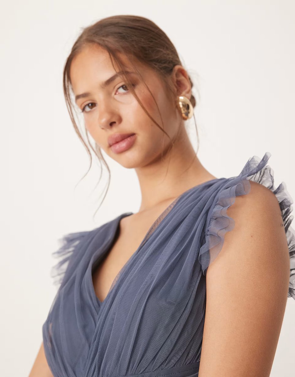 ASOS Anaya Flutter sleeve ruffle maxi dress in vintage indigo - 4