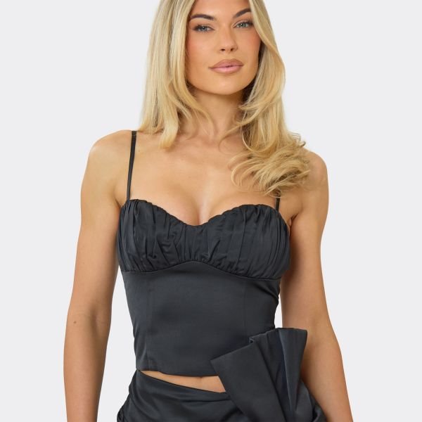 EGO Strappy Ruched Bust Detail Cami Top In Black Satin, Women's Size UK 6 - 2