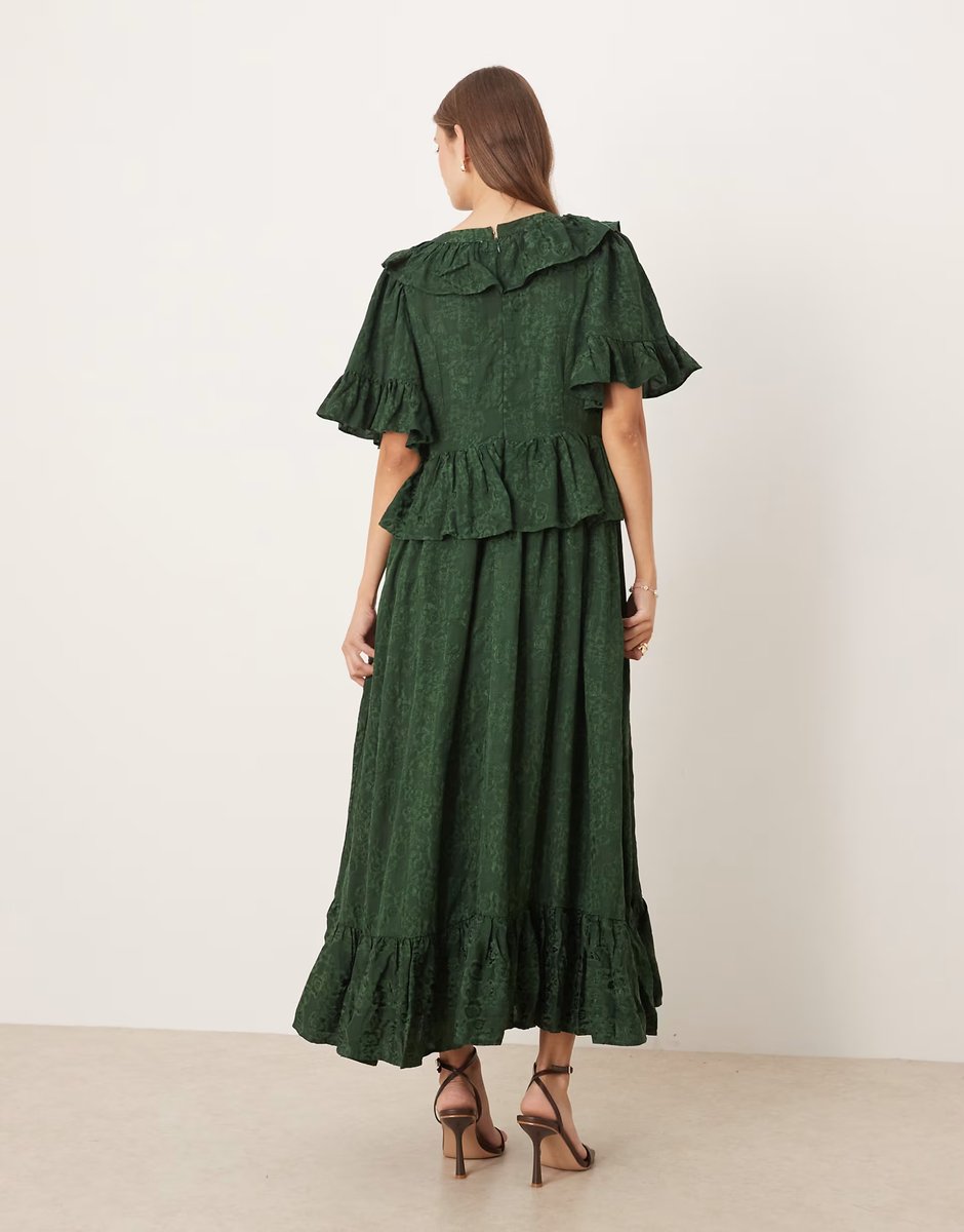 ASOS Dream Sister Jane vanity jacquard v neck maxi dress with ruffles in green - 3