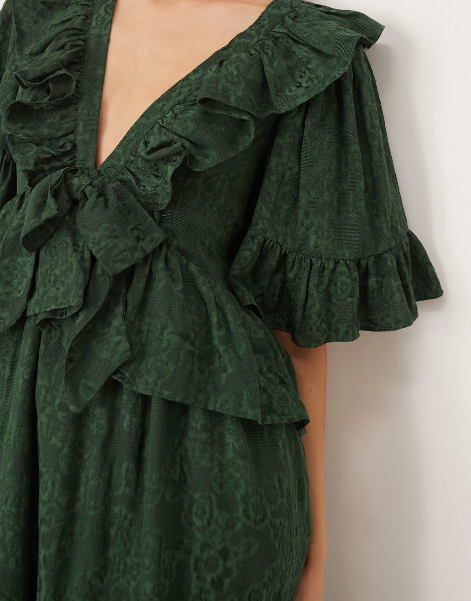 ASOS Dream Sister Jane vanity jacquard v neck maxi dress with ruffles in green - 4