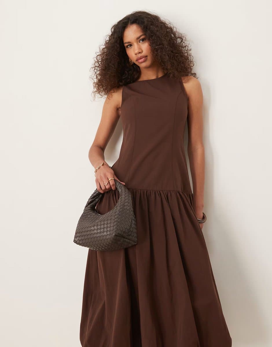 ASOS Ghospell drop hem midi dress in chocolate brown