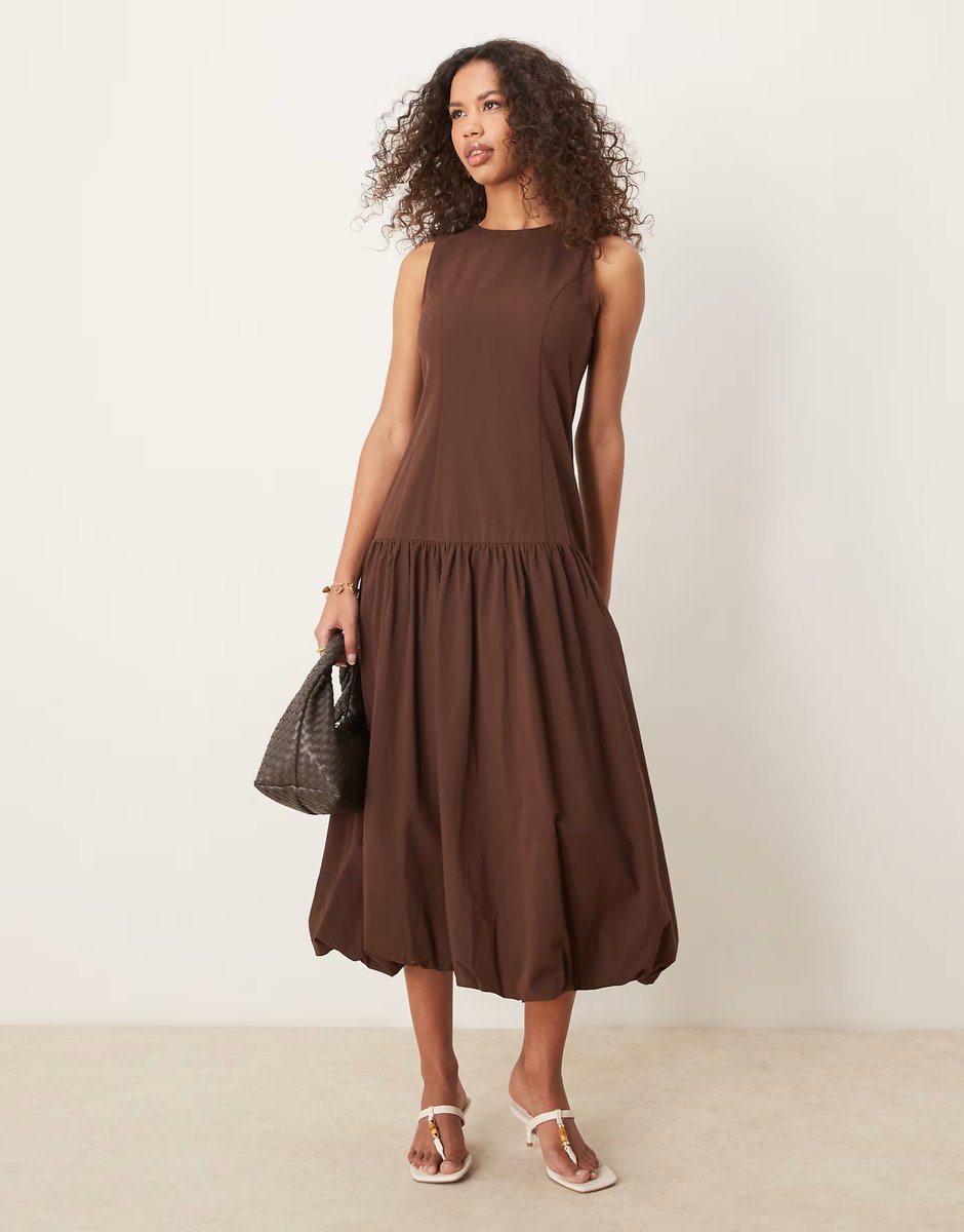 ASOS Ghospell drop hem midi dress in chocolate brown - 3