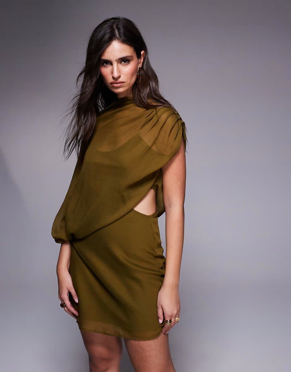 ASOS ASOS DESIGN high neck draped asymmetric mini dress with cut out in olive green