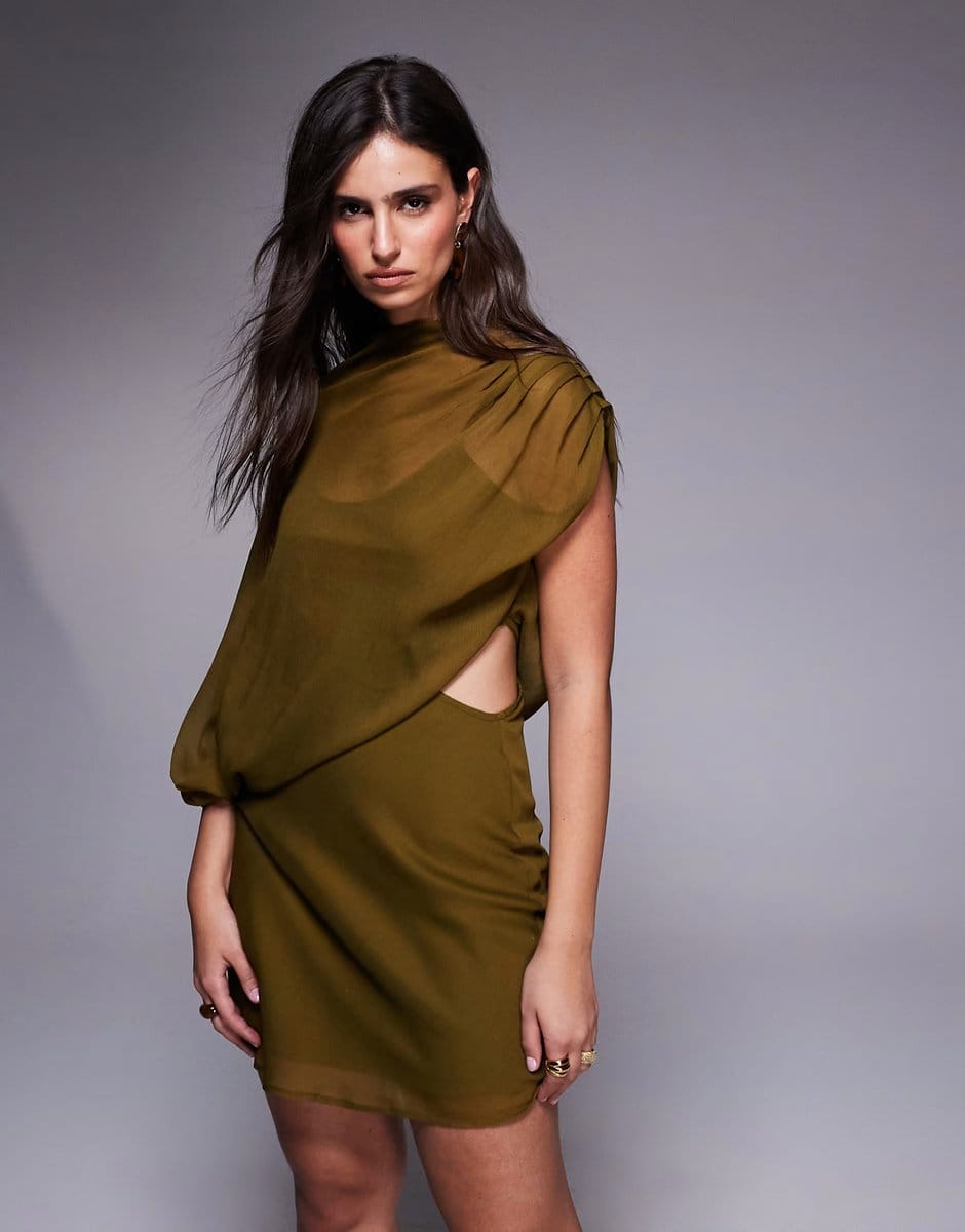 ASOS ASOS DESIGN high neck draped asymmetric mini dress with cut out in olive green - 1