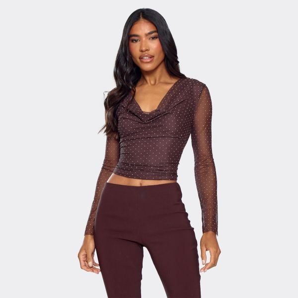 EGO Cowl Neck Mesh Detail Top In Brown Polka Dot, Women's Size UK Large L - 1