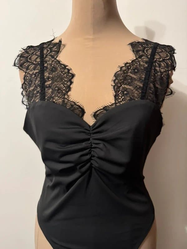 ASOS Design black lace straps ruched bodysuit plain stretch size 10
