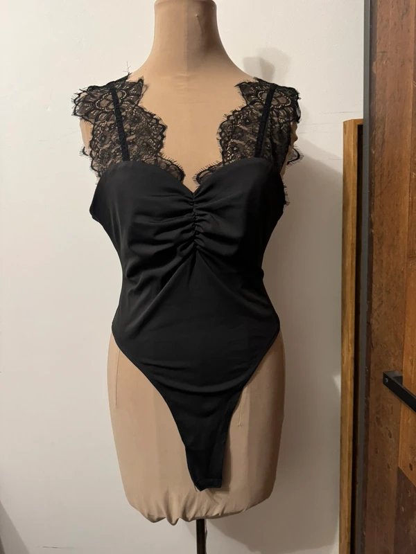 ASOS Design black lace straps ruched bodysuit plain stretch size 10 - 4