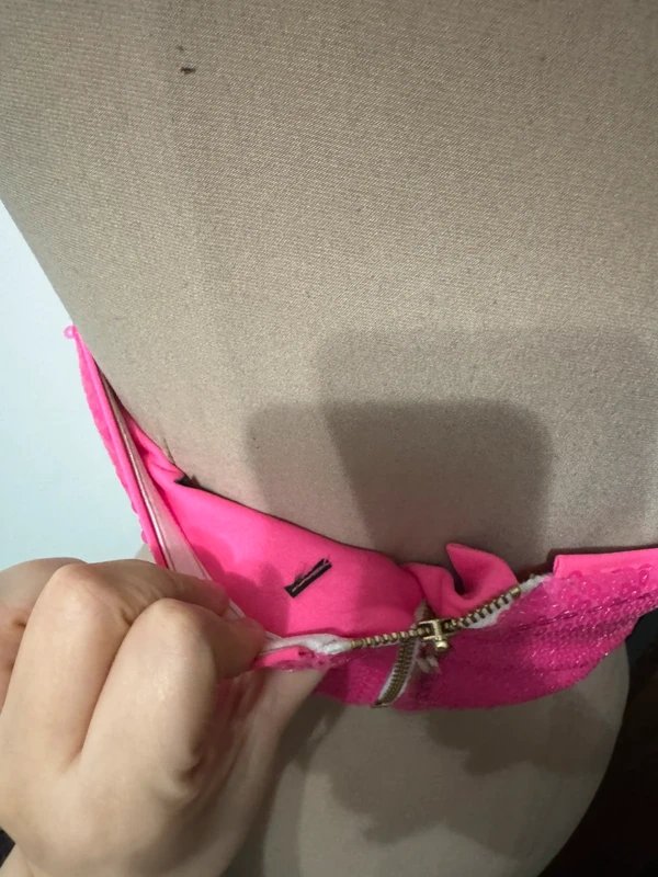 ASOS Design hot pink bubblegum barbie cropped corset v plunge zipper bandeau top sequin size S - 1