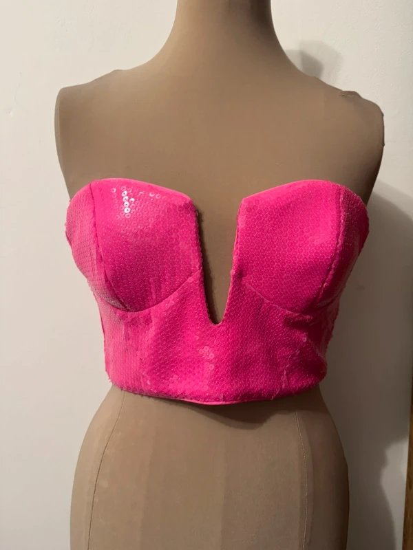 ASOS Design hot pink bubblegum barbie cropped corset v plunge zipper bandeau top sequin size S - 2