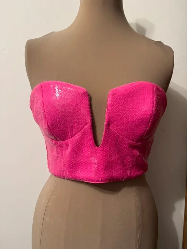 ASOS Design hot pink bubblegum barbie cropped corset v plunge zipper bandeau top sequin size S - 2