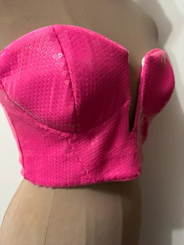 ASOS Design hot pink bubblegum barbie cropped corset v plunge zipper bandeau top sequin size S - 3