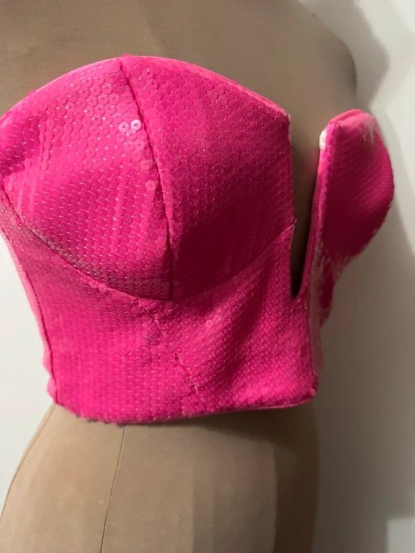 ASOS Design hot pink bubblegum barbie cropped corset v plunge zipper bandeau top sequin size S - 3