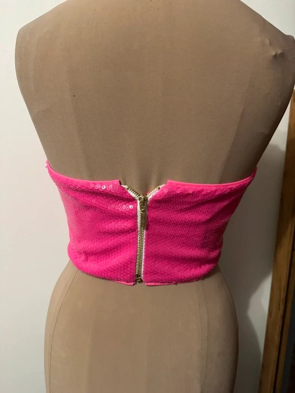 ASOS Design hot pink bubblegum barbie cropped corset v plunge zipper bandeau top sequin size S - 4