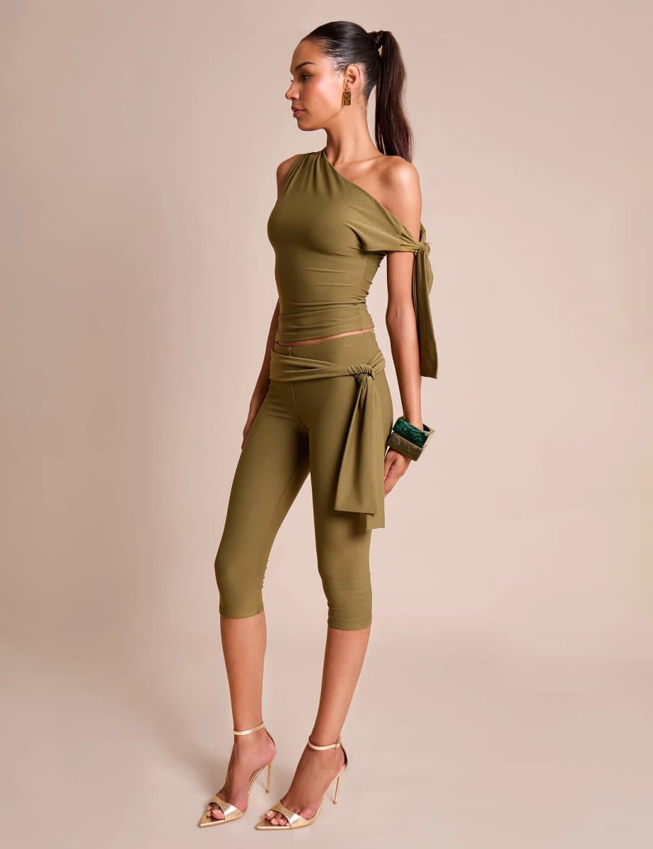 Public Desire Knot Detail Tie Side Luxe Slinky Capri Pants Khaki