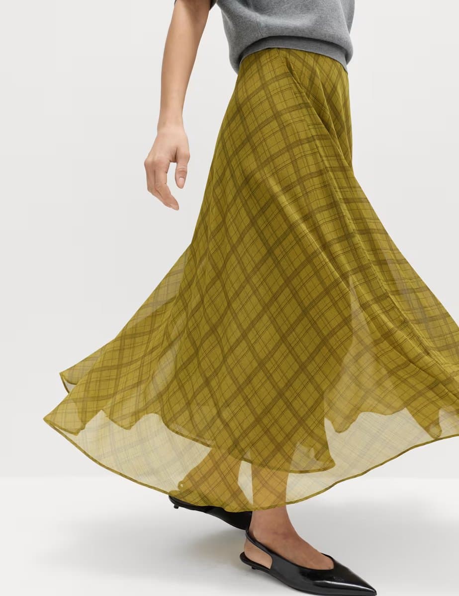 Marks & Spencer M&S Checked Chiffon Midi A-Line Skirt Green Mix
