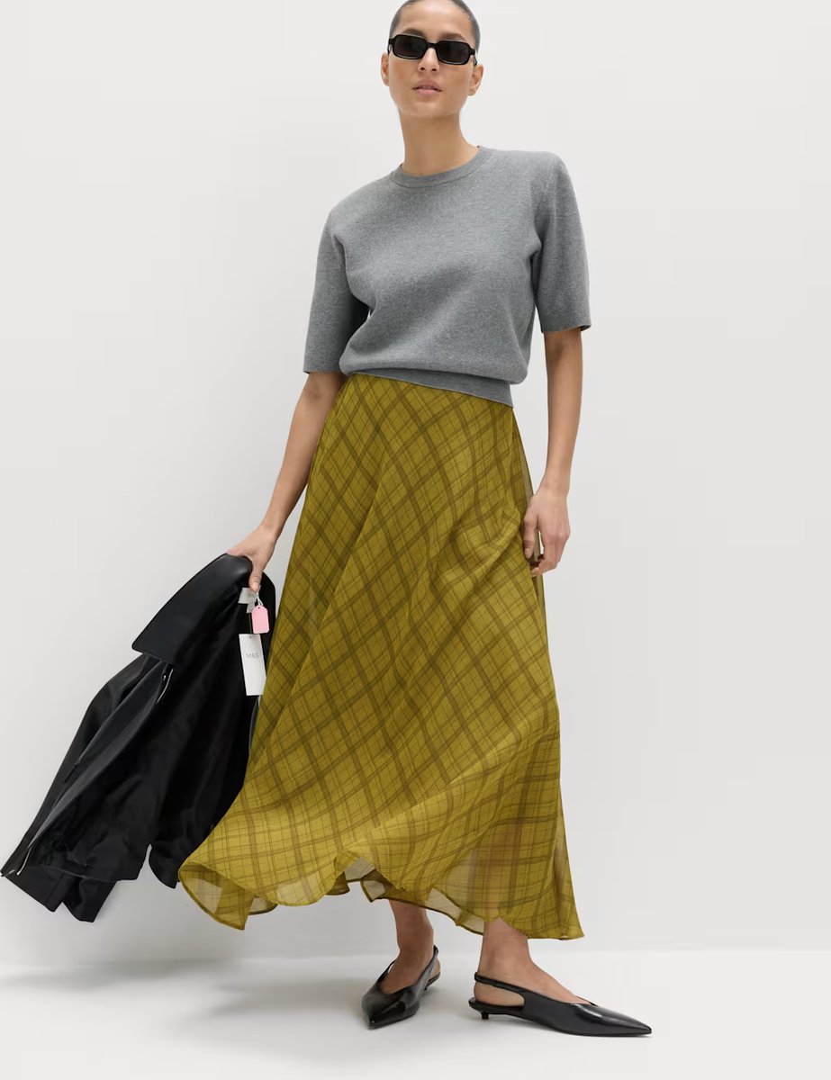 Marks & Spencer M&S Checked Chiffon Midi A-Line Skirt Green Mix - 2