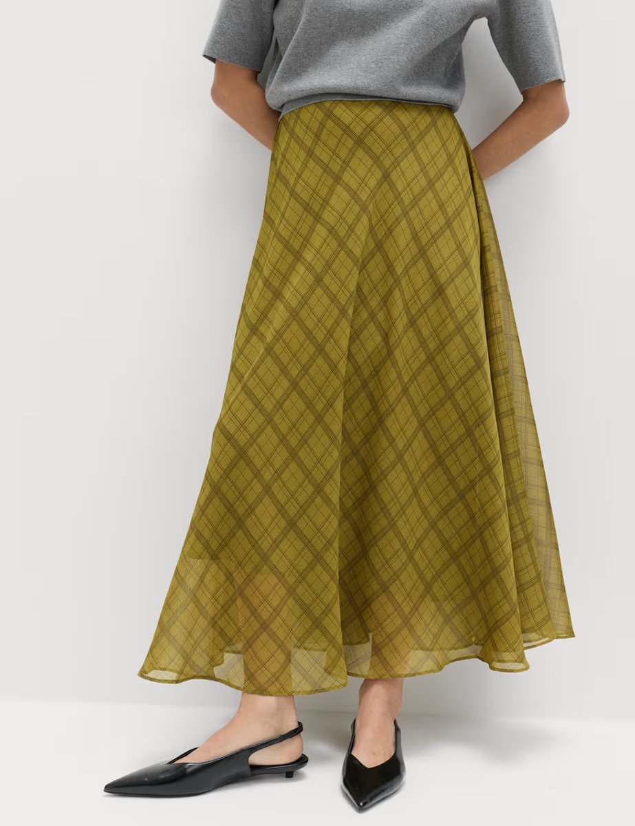 Marks & Spencer M&S Checked Chiffon Midi A-Line Skirt Green Mix - 3
