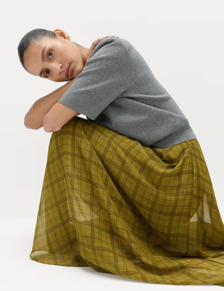 Marks & Spencer M&S Checked Chiffon Midi A-Line Skirt Green Mix - 4