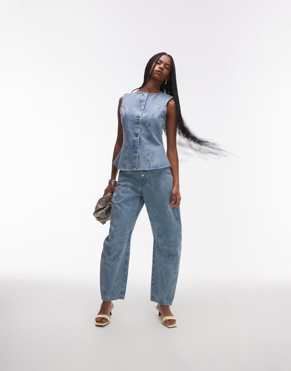 ASOS ASOS DESIGN denim waistcoat and barrel leg jean co ord in floral mid wash blue - 1