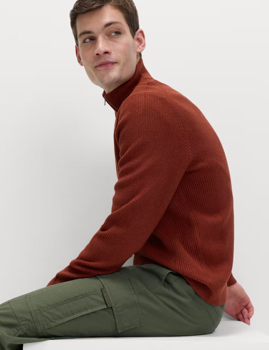 Marks & Spencer M&S Half Zip Cotton Blend Ribbed Jumper in Paprika