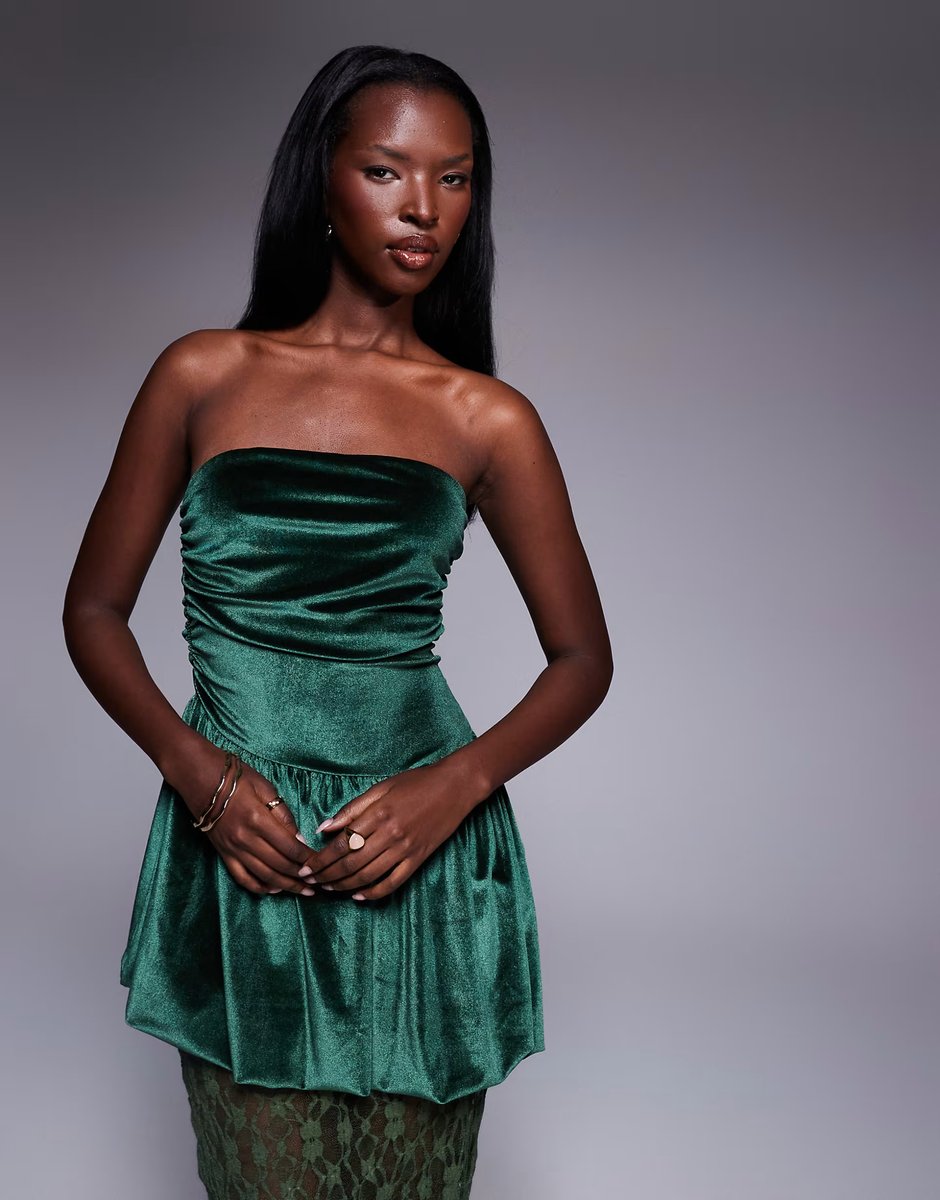 ASOS ASOS DESIGN velvet bandeau peplum midi dress with lace skirt in green - 3