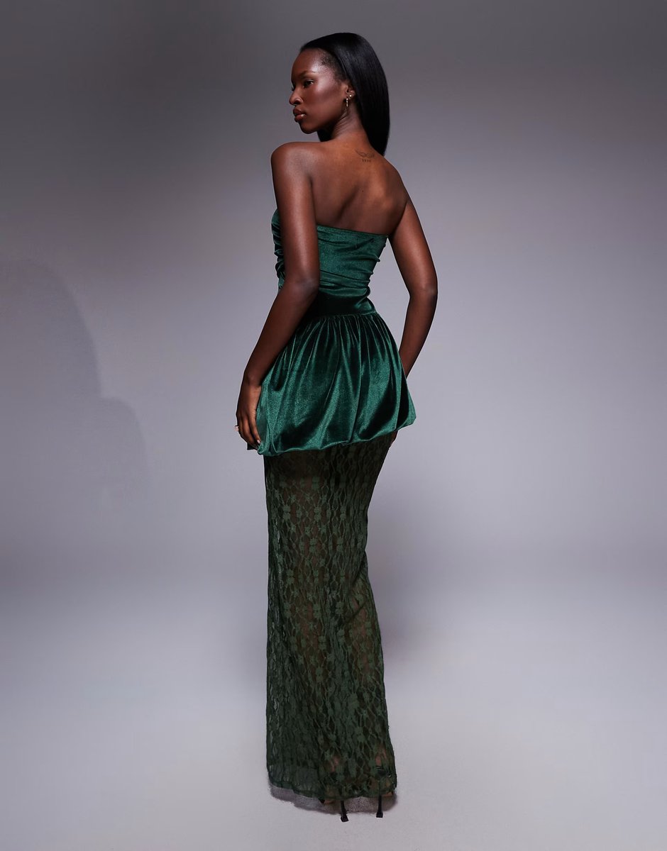 ASOS ASOS DESIGN velvet bandeau peplum midi dress with lace skirt in green - 4