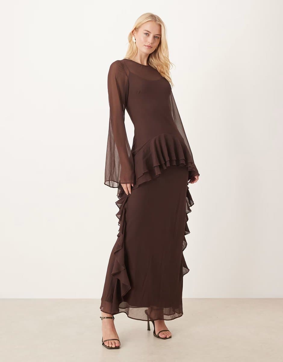 ASOS ASOS DESIGN Tall long sleeve frill hem chiffon maxi dress in chocolate
