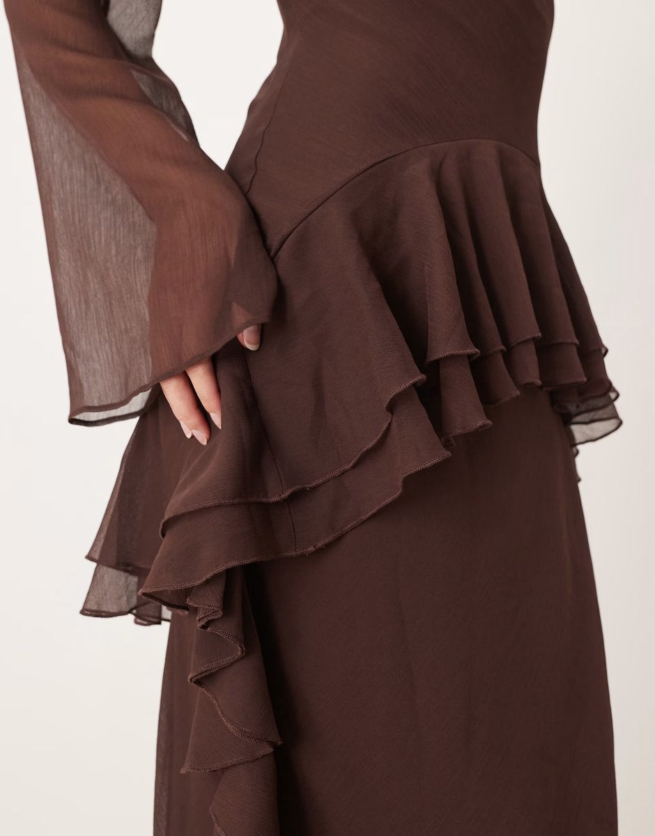 ASOS ASOS DESIGN Tall long sleeve frill hem chiffon maxi dress in chocolate - 3