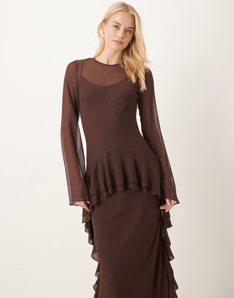 ASOS ASOS DESIGN Tall long sleeve frill hem chiffon maxi dress in chocolate - 4