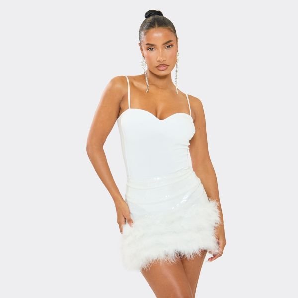 EGO Mid Rise Feather Trim Detail Mini Skirt In White Sequin, Women's Size UK 6 - 1