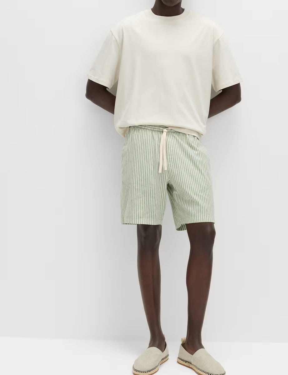 Marks & Spencer M&S Cotton Linen Blend Stretch Shorts Green Mix - 1