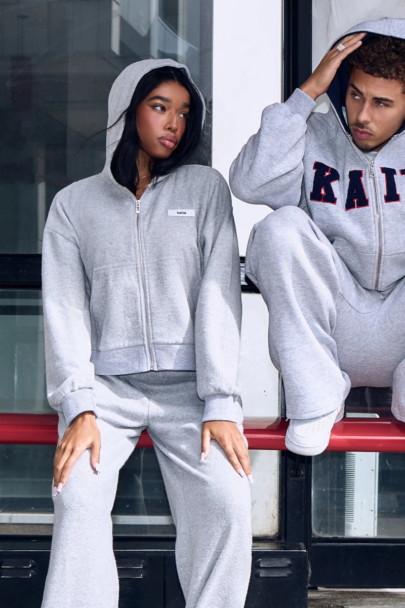 Kaiia Kaiia Label Logo Supersoft Cropped Zip Through Hoodie Grey Marl - 2