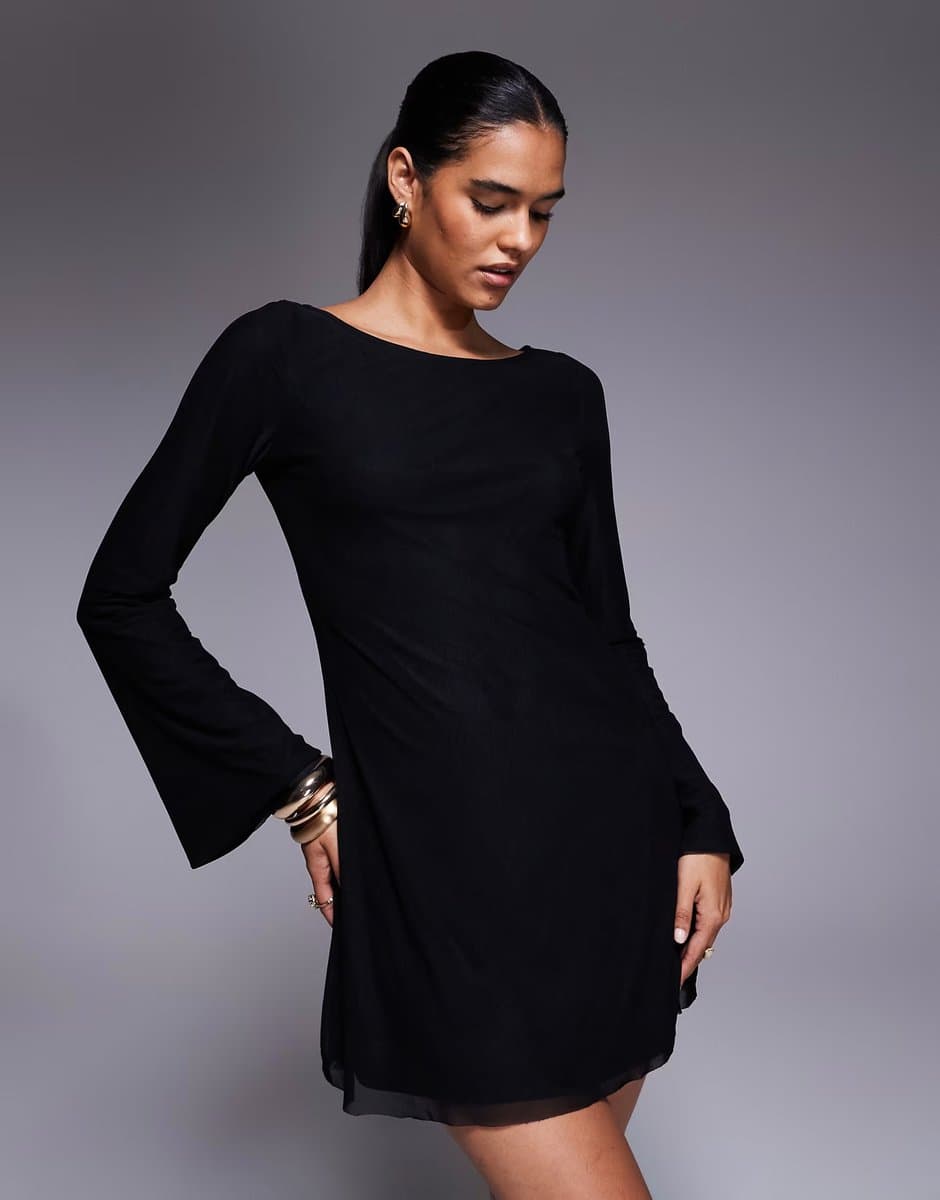 ASOS Princess Polly Lukea mesh flare sleeve open back mini dress in black
