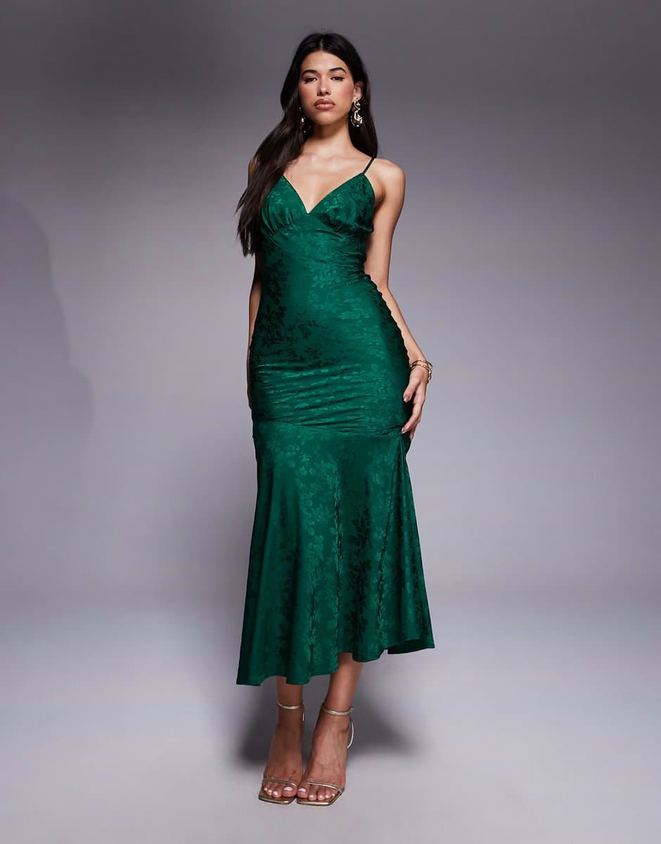 ASOS Rare London exclusive satin floral jacquard cami fishtail hem midaxi dress in emerald