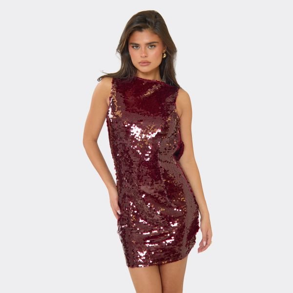 EGO Racer Neck Draped Back Mini Dress In Burgundy Sequin, Women's Size UK 6 - 2