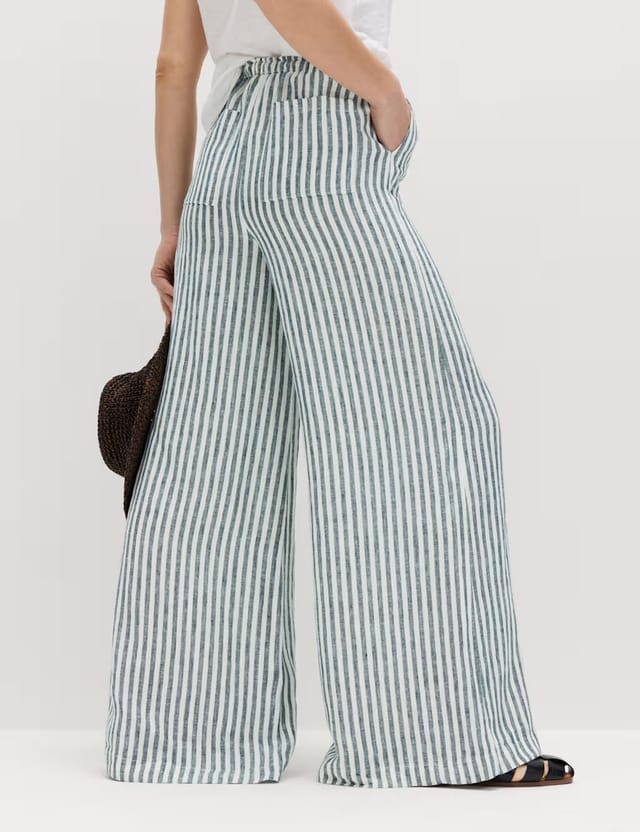 Marks & Spencer M&S Pure Linen Wide Leg Palazzo Trousers Black Mix - 2